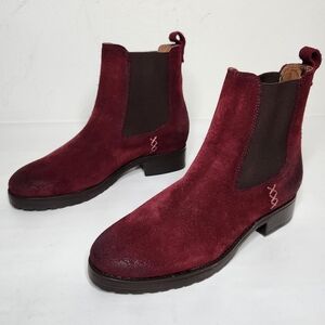 Frye Melissa Double Sole Chelsea Boot SAMPLE Wine Waxed Suede Red Womens Size 6B